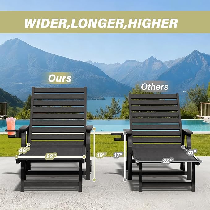 5-Position Adjustable Patio Chaise Lounge - 78'' HDPE Outdoor Lounger with Rolling Wheels & Cup Holder, Longer, Wider, Higher - Perfect for Poolside & Deck, Black