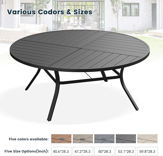 Patio Dining Table for 8-10, Round Metal Outdoor Table with Storage Shelf, 1.57" Umbrella Hole, 60" Outdoor Quartered Tabletop Dining Table for Backyard, Porch, Lawn, Black
