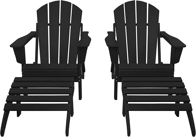 WestinTrends Malibu Outdoor Lounge Chair Set, 4-Pieces Adirondack Chair Set of 2 with Ottoman, All Weather Poly Lumber Patio Lawn Folding Chair for Outside Pool Beach, Black