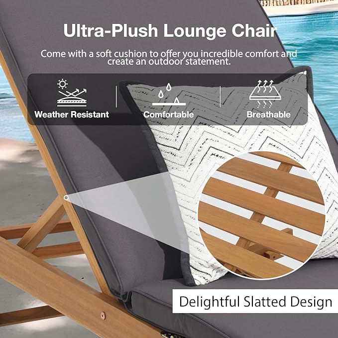 Patiorama Patio Acacia Wood Chaise Lounge, Outdoor Folding Lounge Chair Recliner w/Adjustable Backrest, Wheels, Padded Cushion, Portable Sun Lounger Pool Chair for Deck, Lawn, FSC Certified, Dark Grey