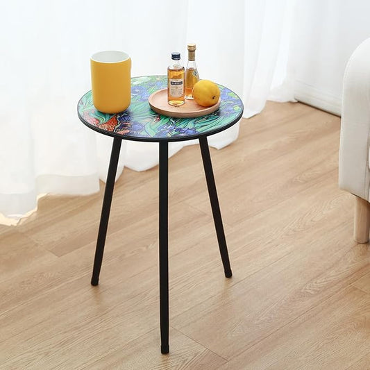 2 Packs Metal Outdoor Side Table Irises Patio Side Tables for Outside Small End Tables Round Patio Coffee Table Plant Stand for Balcony, Indoor, Bedroom, Living Room, Small Space