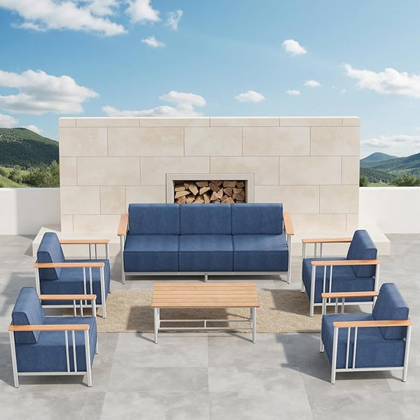 Patio Furniture Set of 6,with 10-inch Thick Cushion Outdoor Furniture Set,Patio Chair Set with Sofa,Wood Grain - Photo 1