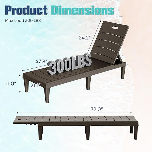 Devoko Outdoor Chaise Lounge Chair Set of 2 with 5-Position Adjustable Back, Waterproof & Lightweight PP Lounge Chairs for Outside Pool Patio (Deep Brown)