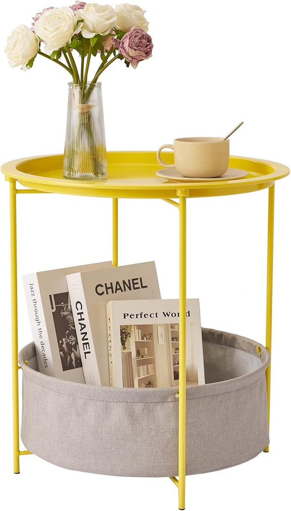 VECELO Round Side/End Table with Fabric Storage Basket,Metal Anti-Rust and Waterproof Small Bedside Nightstand with - Photo 1