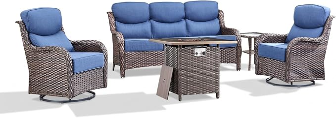 Luxury Patio Furniture Set with 6-inch Thick Cushion, Outdoor Furniture with Fire Pit Table, Swivel Chairs, Side Table, Sofa, 5pcs Wicker Conversation Set for Deck Yard and Poolside(Blue)