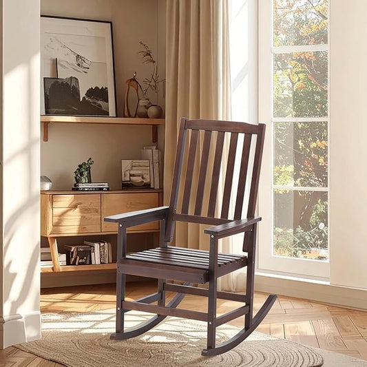 Wooden Outdoor Rocking Chairs, Porch Rocker for Patio,Deck,Garden, Indoor Outdoor Use, Suitable for Kids, Acacia Wood, Dark Brown