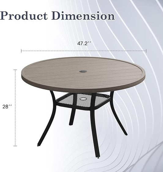 47.2" Patio Dining Table for 6, Round Outdoor Metal Dining Table with Umbrella Hole for Lawn Garden Backyard, Grey