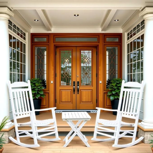 White Porch Rockers 3 Piece Outdoor Wooden Adults Furniture Set with 2 Rocking Chair and 1 Outdoor Side Table for Patio Lounge Balcony