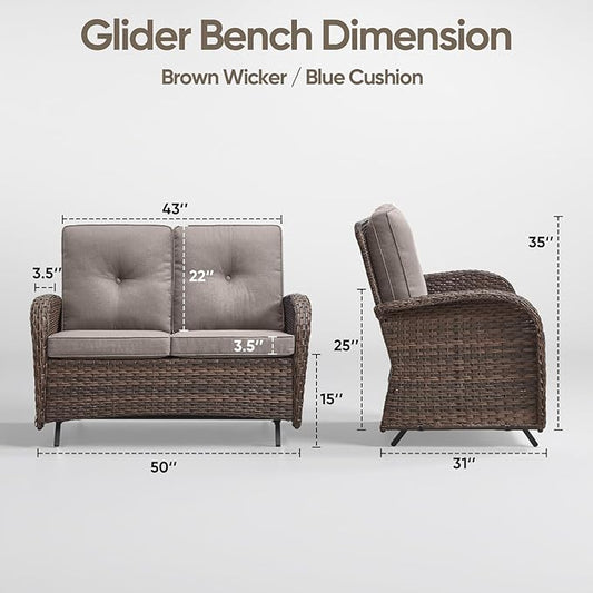 Patio Loveseat Wicker Loveseat Rattan Glider Sofa with Curved Armrest Thicking Back & Seat Cushions for Garden Balcony Backyard Brown Wicker|Grey Cushions (B) Patio Loveseat Glider