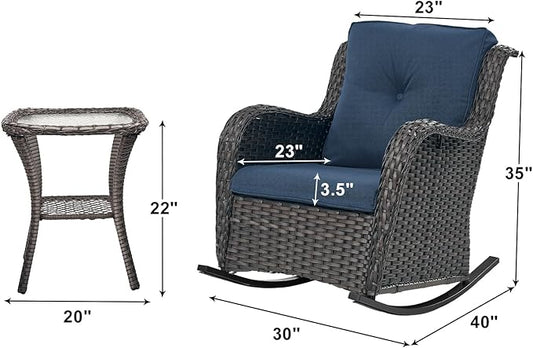 Rilyson Patio Chairs Outdoor Rocking Chair - 3 Piece Wicker Patio Bistro Set Rattan Patio Furniture Rocker Chairs and Side Table for Porch Deck Backyard Garden(Brown/Blue)