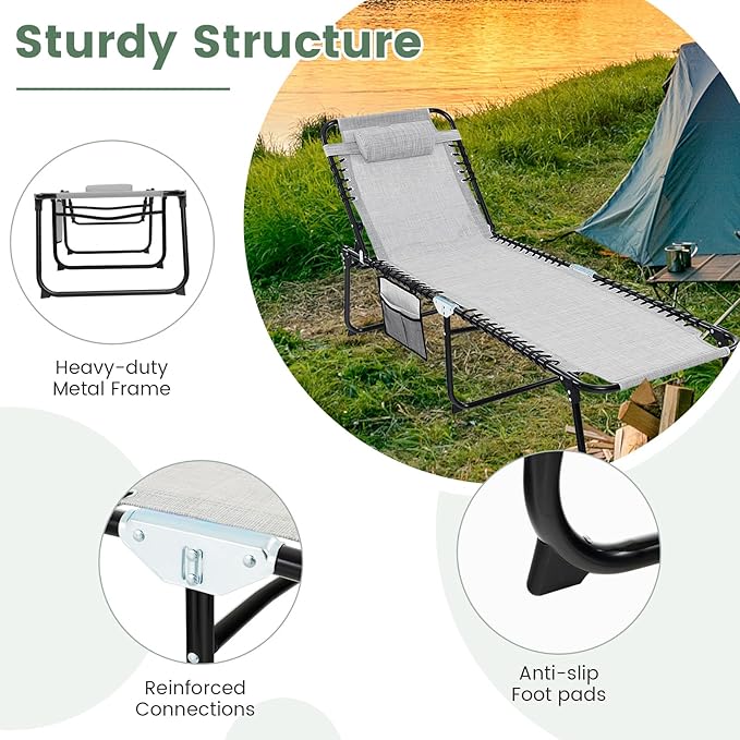 Tangkula Beach Lounge Chair for Outside, Folding Chaise Lounge Outdoor with 4-Position Backrest, Removable Headrest and Side Pocket, Portable Sunbathing Tanning Chair for Patio, Poolside (2, Grey)