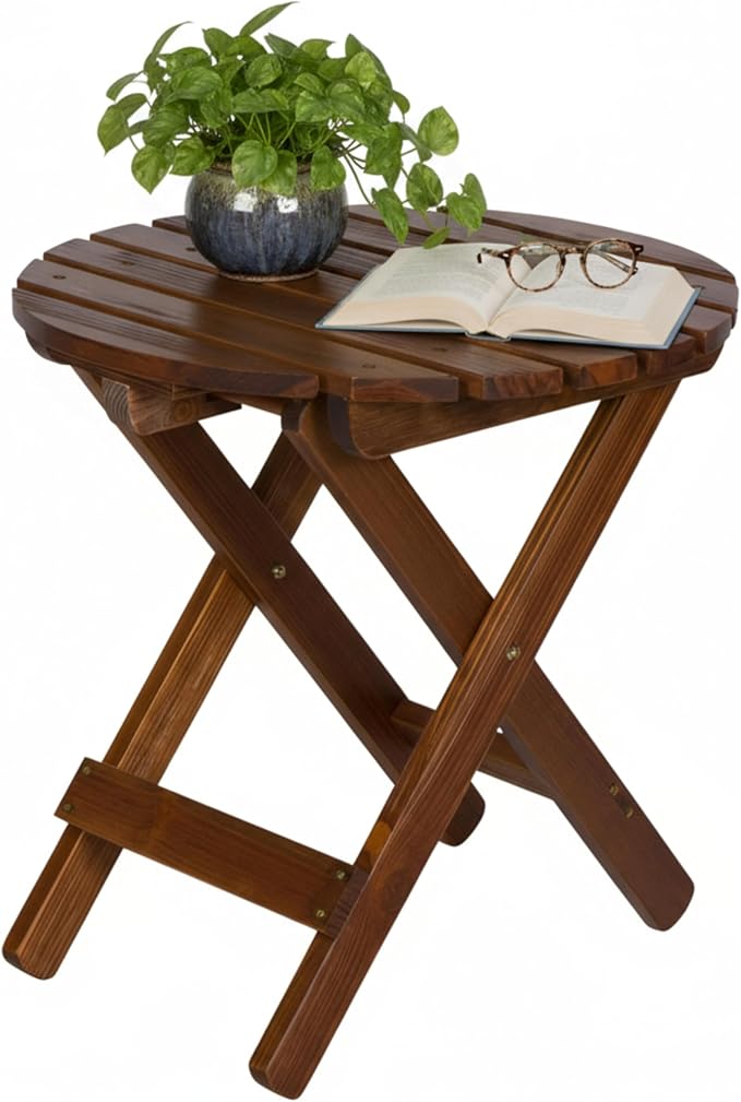 Shine Company Round Wooden Folding Solid Wood Side Table, Outdoor Adirondack Small Patio Table, Oak