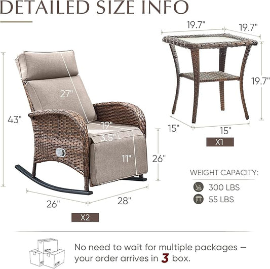 Belord 3 Piece Wicker Patio Furniture Set - Outdoor Swivel Rocker Recliner Chair with Adjustable Backrest & Footrest, All Weather Reclining Lounge Chair with Thick Cushion for Pool Deck Garden Beige