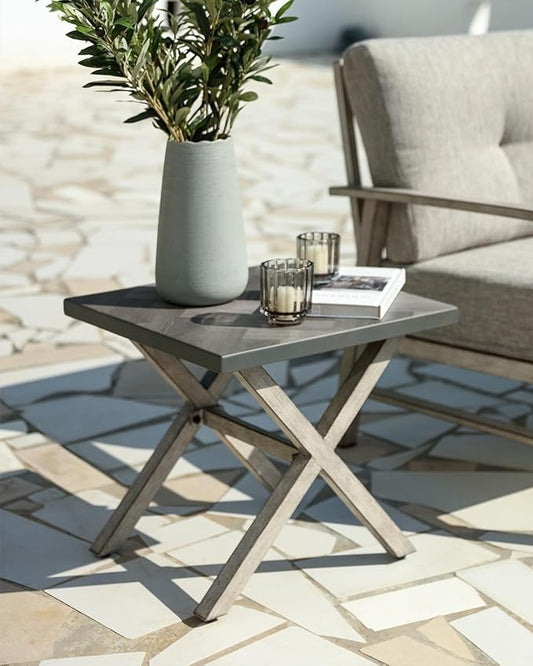 Aluminum Outdoor Side Table, Anti-Rust Outside Patio Side Table with Resin Tabletop, Modern Weather Resistant Square Patio End Table for Yard, Garden, Poolside, White Oak