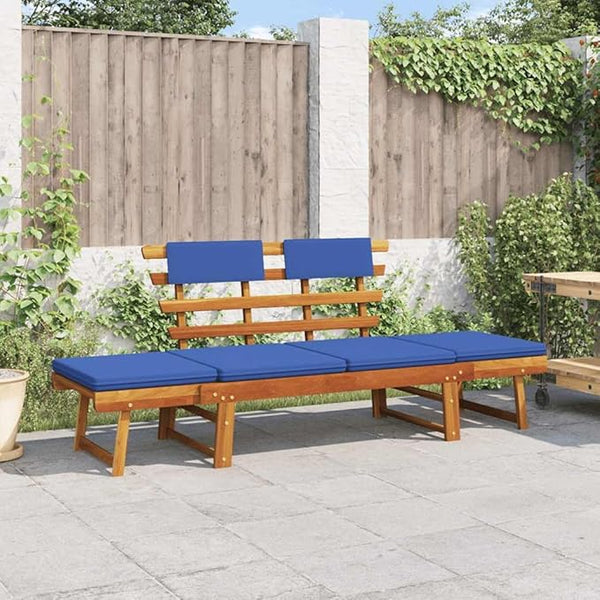 Convertible Garden Bench with Cushions, Outdoor Daybed, Acacia Wood Patio Furniture, Grey Wash Finish Brown and Blue - Photo 1