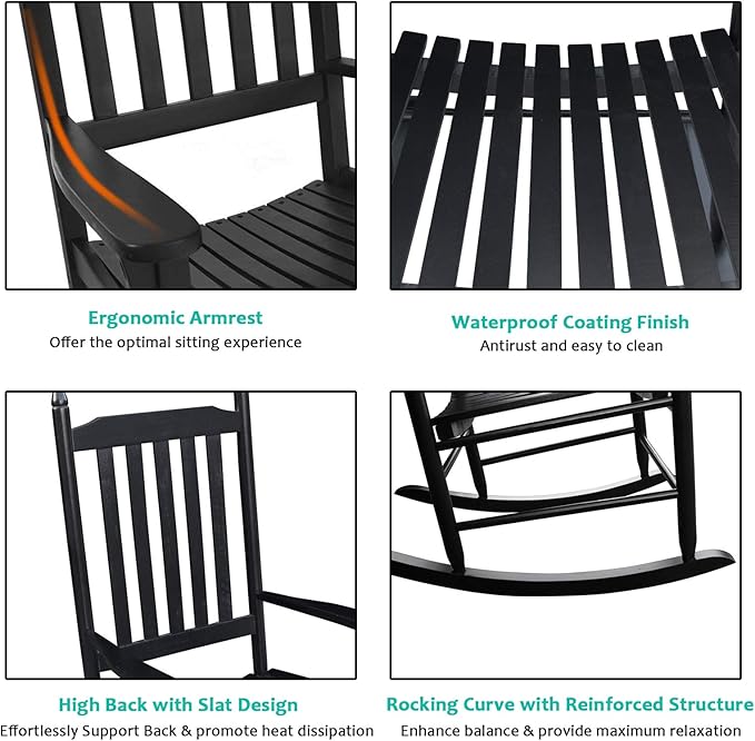 HomVent Wood Rocking Chair, 280 Lbs Heavy Duty Rocking Rocker Chair, Backyard and Patio Porch Rocker with Wide Seat and Armrest for Outdoor& Indoor Use, Cushion not Include (Black)
