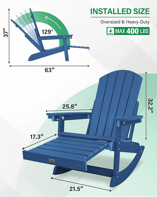 YEFU Adirondack Rocking Chairs Set of 2 : Oversize Adirondack Chair with Retractable Ottoman- 5-Level Adjustable High Back - Outdoor Rocker with Cup Holder for Porch/Garden/Lawn/Patio/Backyard/Navy