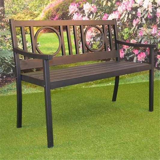 BOWERY HILL Outdoor Metal Bench, 45" W x 24" D x 35" H, Powder-Coated Steel, Black Finish, Elegant Openwork Design, Slatted Seat, Garden, Patio, or Sunroom Furniture