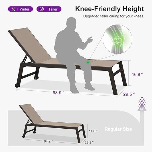 PURPLE LEAF Oversized Patio Lounge Chairs Set of 3, Reclining Pool Lounge Chairs with Side Table and Wheels for All Weather for Outdoor, Deck, Lawn, Aluminum Outside Pool, Taupe