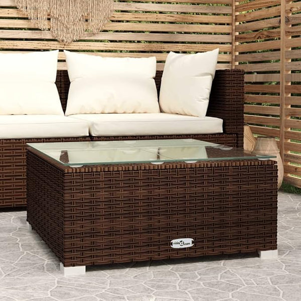 Garden Coffee Table Brown PE Rattan, Powder-Coated Steel, Glass Courtyard Furniture Alfresco Lounge for Deck Porch - Photo 1