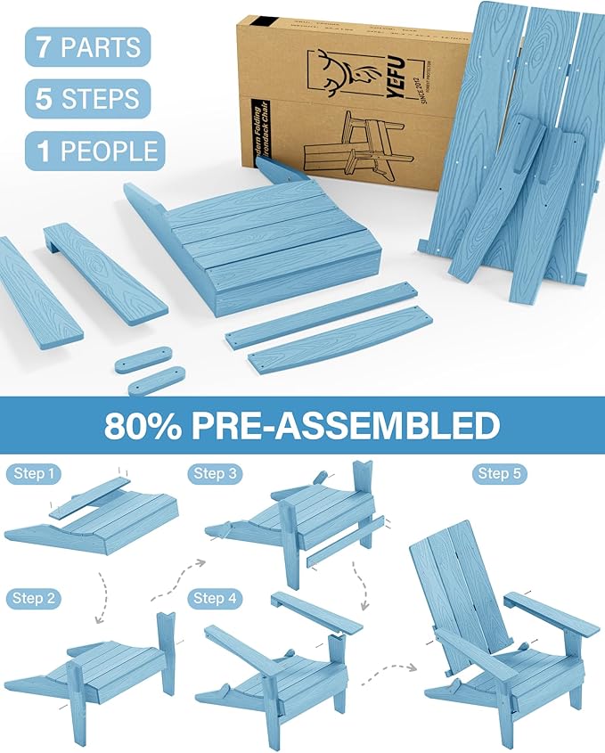 YEFU Adirondack Chairs Oversize Folding :400lb Weight Capacity - Plastic Adirondack Chairs - High Back Modern Like Wooden - All-Weather Use for Outdoor/Patio/Fire Pit/Garden/Camping - (Blue)