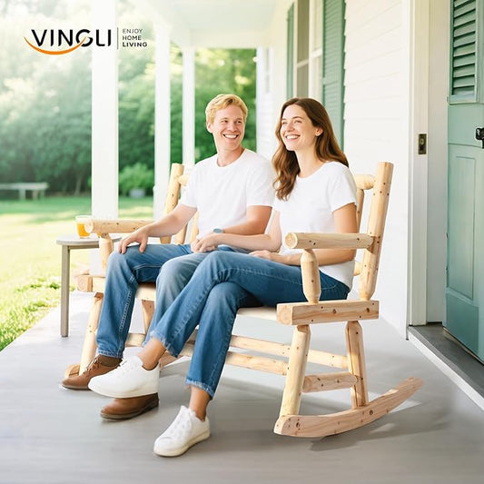 VINGLI Fir Wood Double Rocking Chair for Porch & Garden - 550lb Capacity Weather-Resistant Outdoor Glider Bench with High Backrest, Patio Rocker for Couples Backyard, Deck (Natural Finish)