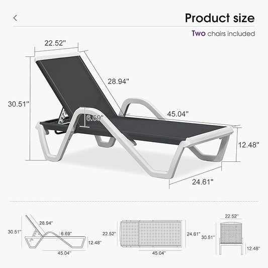 PURPLE LEAF Patio Chaise Lounge Set of 2 Plastic Pool Outdoor Lounge Chair with Armrest Stackable Poolside Tanning Chairs for Beach Deck Yard Sunbathing, Dark Grey