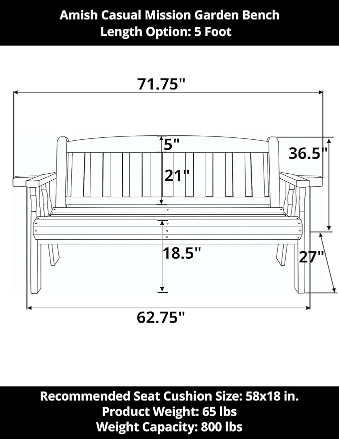 Amish Casual Heavy Duty 800 Lb Mission Treated Garden Bench, 5-Foot, Semi Solid Grey Stain