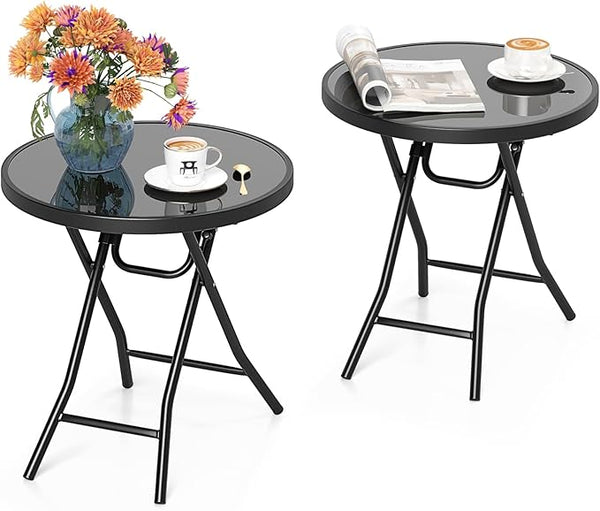 Tangkula Round Folding Side Table, 18 Inch Patio Coffee Table with Tempered Glass Tabletop and Metal Frame - Photo 1