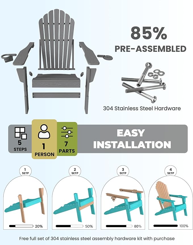 Oversized Adirondack Chair with Dual Cup Holders, Ergonomic High Back HDPE Fire Pit Chair, 380lbs Capacity All-Weather Outdoor Patio Lounge Chair for Garden, Deck, Yard - Grey