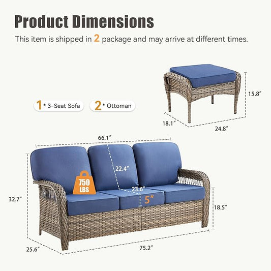 3 Pieces Patio Furniture Sofa Set, Wicker Sectional Outdoor Sofa with Ottomans, Outdoor Seating Furniture High Back Conversation Set for Balcony Deck Porch Backyard, Blue