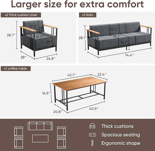 Patio Furniture Set of 6,with 10-inch Thick Cushion Outdoor Furniture Set,Patio Chair Set with Sofa,Wood Grain armrests,trapezoidal backrest,Indoor/Outdoor Balcony Seating,Dark Gray | Gray
