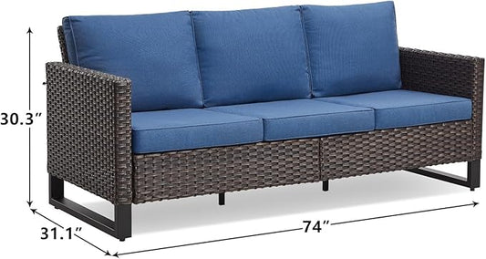 Rilyson Wicker Outdoor Couch Patio Sofa - 3 Seater Rattan Outdoor Patio Couch with Waterproof Wicker,Comfortable Cushions and Sturdy Metal Frame for Outside Porch Deck Backyard Garden(Brown/Blue)