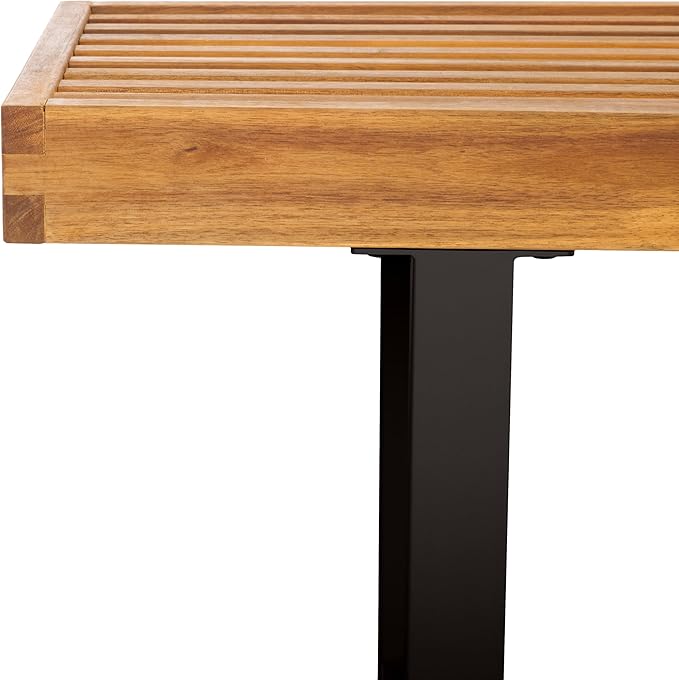 SAFAVIEH Outdoor Collection Monti Natural/Black Iron Legs Solid Wood Slatted Bench