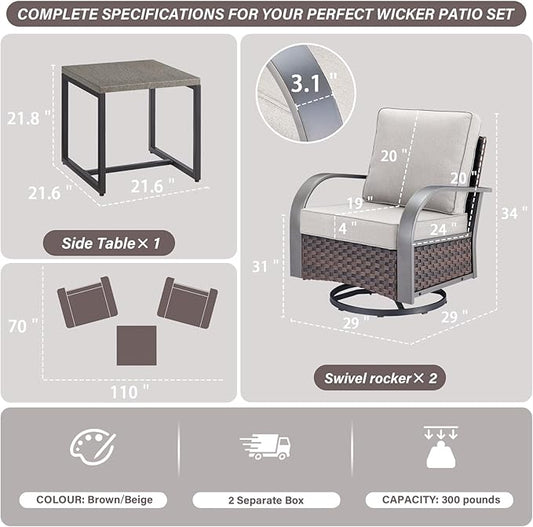 Belord Outdoor Swivel Rocker Patio Chairs Set of 2, 3 Piece Wicker Patio Bistro Set with Metals Side Table and Comfort High Back 4" Cushion Outdoor Patio Glider Chair for Balcony Deck Porch