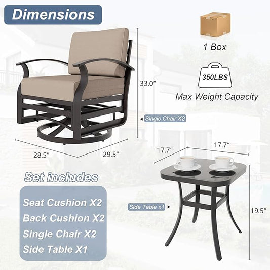 Kurapika 3 Pieces Patio Furniture Set, Outdoor Aluminum Swivel Gliders Rocker, Patio Bistro Set Rocking Chair with Thickened Cushions and Side Table for Porch Garden Deck (Sand)