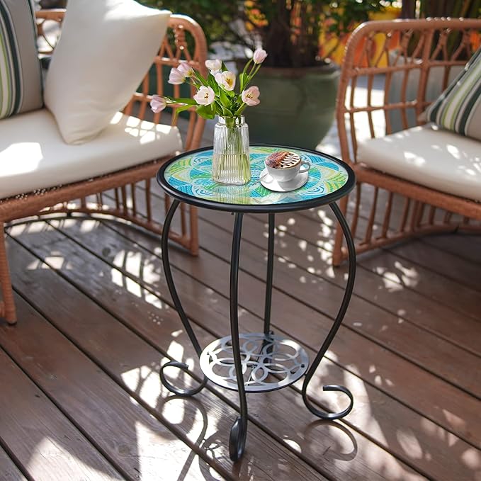 LIFFY Mosaic Outdoor Side Table, 14" Round Flower Patio Side Table with Storage Shelf, Small Bistro Coffee Table for Garden Yard Porch Living Room