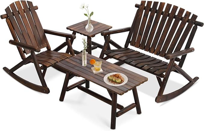 4-Piece Outdoor Wood Rocking Bistro Set, Rustic Wooden Conversation Set Including 2-Seater Loveseat, 2 Coffee Table, Log Rocker Chair, Patio Furniture Chair Set for Lawn Yard, Carbonized