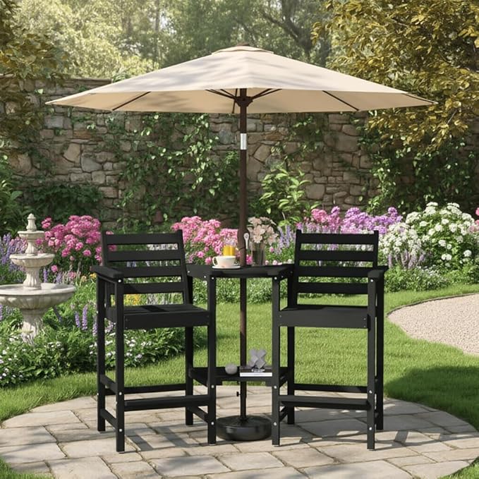 Tall Adirondack Chairs Set of 2, Bar Height HDPE Outdoor Chairs with Connecting Tray & Umbrella Hole, Balcony Patio Adirondack Chairs for Deck, Garden, Lawn,Black