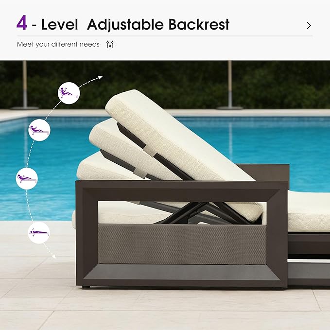 PURPLE LEAF Outdoor Chaise Lounge Set of 4 Reclining 2 in 1 Design Lounger Chair with Cushion Deluxe Aluminum Oversize Pool Lounge Chairs with Armrests & Backrest for Patio Poolside Backyard, Bronze