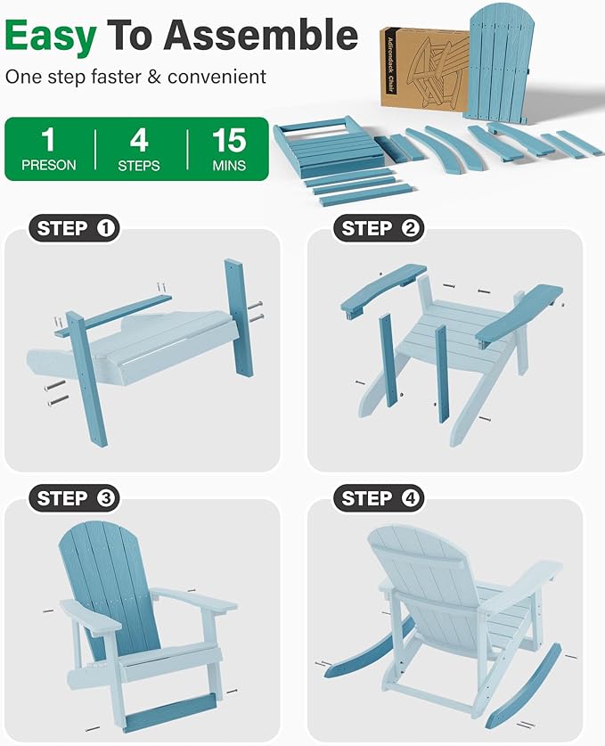 YEFU Outdoor Rocking Chair Set of 4,Adirondack Rocking Chair,Patio Rocker Chair with Wide Back,Oversized Rocker Chair Look Like Real Wood, for Lawn, Porch, Backyard, Indoor and Garden(Blue)