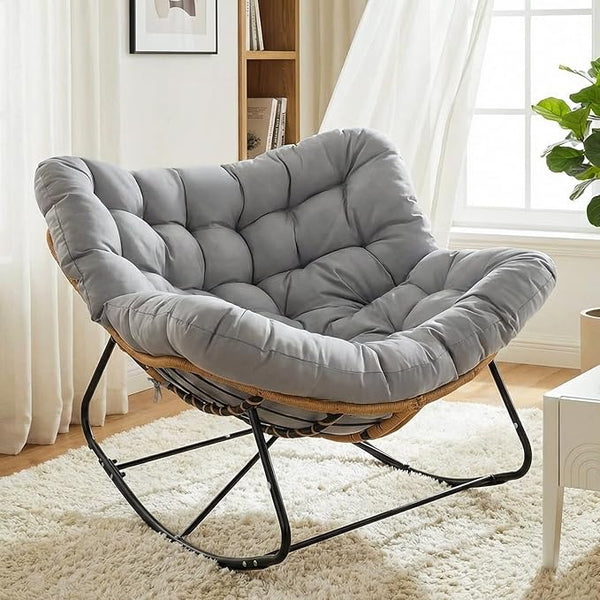 TLSUNNY Outdoor Papasan Rocking Chair, Oversized Padded Lounge Rocker with Cushion, Comfy Wicker Egg Lounge Chair - Photo 1