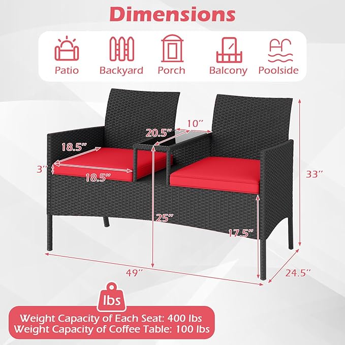 HAPPYGRILL Outdoor Rattan Loveseat, 2-Seat Patio Conversation Set with Built-in Coffee Table, Cushions, Wicker Bench Furniture for Backyard, Garden, Balcony, Porch (Red)