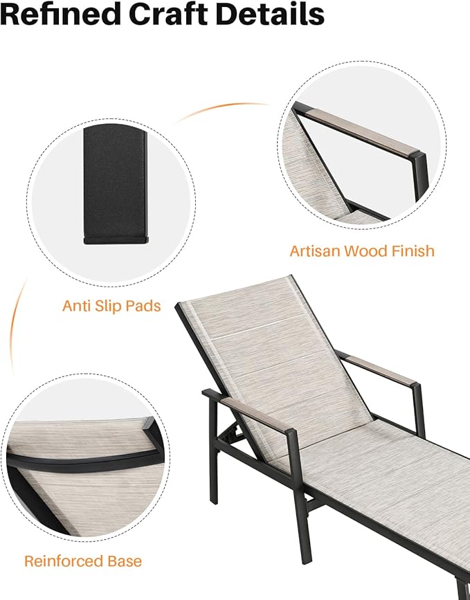 2-Piece Outdoor Chaise Lounge Set, Never-Rust Aluminum Patio Lounge Chair with Side Table, Pool Lounger with 3D Ultra-Thick Textilene, Adjustable Backrest Sun Lounger for Poolside, Backyard
