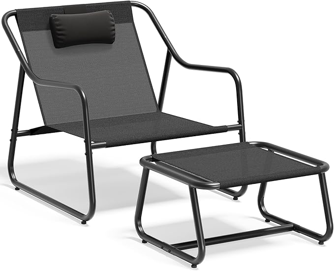 YITAHOME Patio Lounge Chair with Ottoman Set of 2, Oversized Papasan Chair, Versatile Indoor/Outdoor Textilene Lounge with Metal Handrail and Footstool, Idea for Living Room, Porch, Backyard or Garden