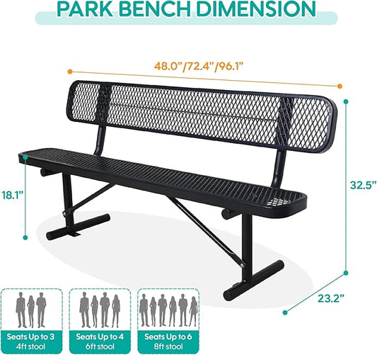 6FT Heavy-Duty Portable Outdoor Bench, Park Benches for Outside, Garden Benches Weatherproof with Backrest & Portable Frame, Commercial-Grade Seat Bench for Park, Garden, School, Shopping Mall