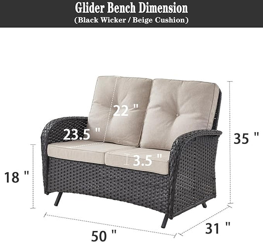 Belord Outdoor Glider Bench Patio Loveseat - 500 Lbs Weight Capacity 2 Seater Wicker Sofa, Small Porch Glider Furniture All Weather Rattan Couch with Removble Cushion for Balcony Deck Backyard, Black