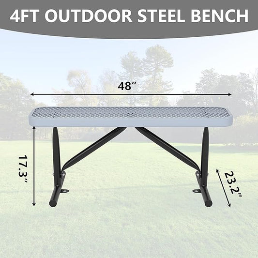 4 Feet Outdoor Steel Bench, Gray Heavy Duty Metal Park Bench for Outside, Weatherproof Dock Bench, 48" L Commercial Benches Mesh Bench for Shopping Mall, Store, Lawn, Park, Patio, Deck, Garden