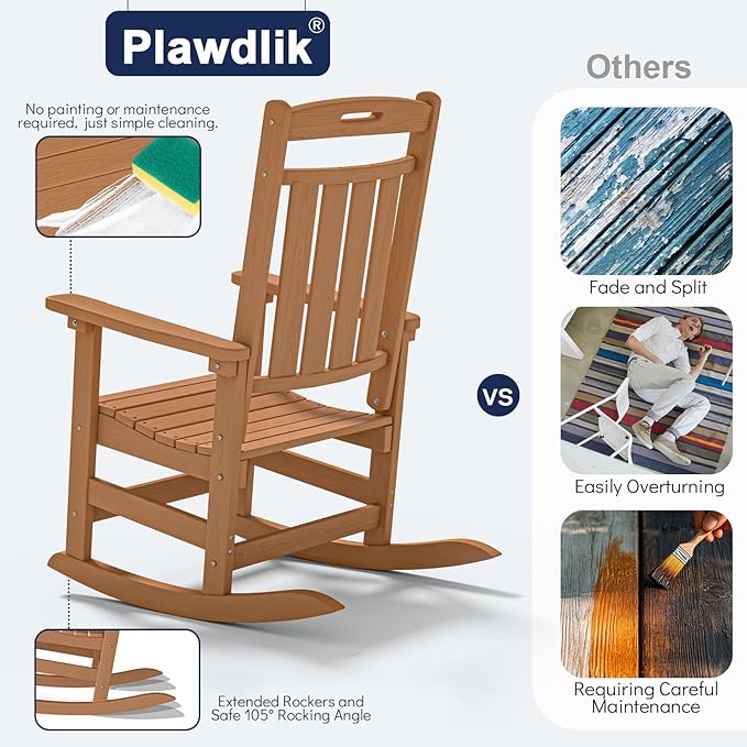 Plawdlik Oversized Outdoor Rocking Chair - All-Weather Resistant,HDPE Heavy Duty Patio Rockers with High Back - Perfect for Porch,Garden,Modern Style Set of 2-Teak