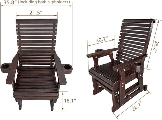 Fortune Candy Wooden Patio Glider for One Person, with High Backrest and Deep Contoured Seat, Solid Fir Wood, Heavy Duty 600 Pounds (Deep Brown, 1-Seater)
